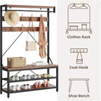 Amyove Large Coat Rack Shoe Bench Hall Tree Shoe Rack for Entryway 3-Tier Storage Shelf and Hooks Removable Industrial Accent Furniture Metal Frame 39.9"x15.7"x72"