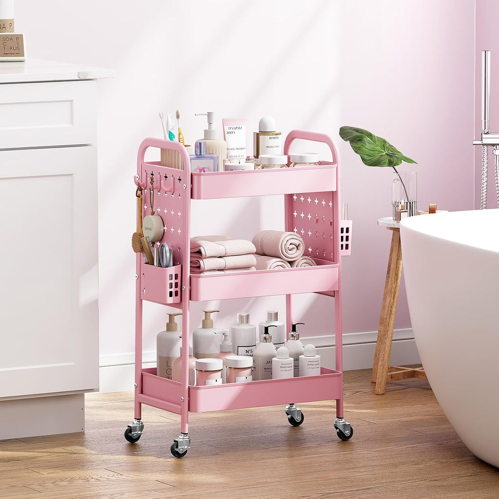 KINGRACK 3 Tier Rolling Cart with DIY Pegboard, Metal Utility Cart with Wheels, Hooks & Baskets, Sturdy Storage Organizer for Craft, Bathroom, Kitchen, Office, Nursery, Classroom(Pink)