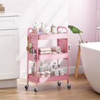 KINGRACK 3 Tier Rolling Cart with DIY Pegboard, Metal Utility Cart with Wheels, Hooks & Baskets, Sturdy Storage Organizer for Craft, Bathroom, Kitchen, Office, Nursery, Classroom(Pink)