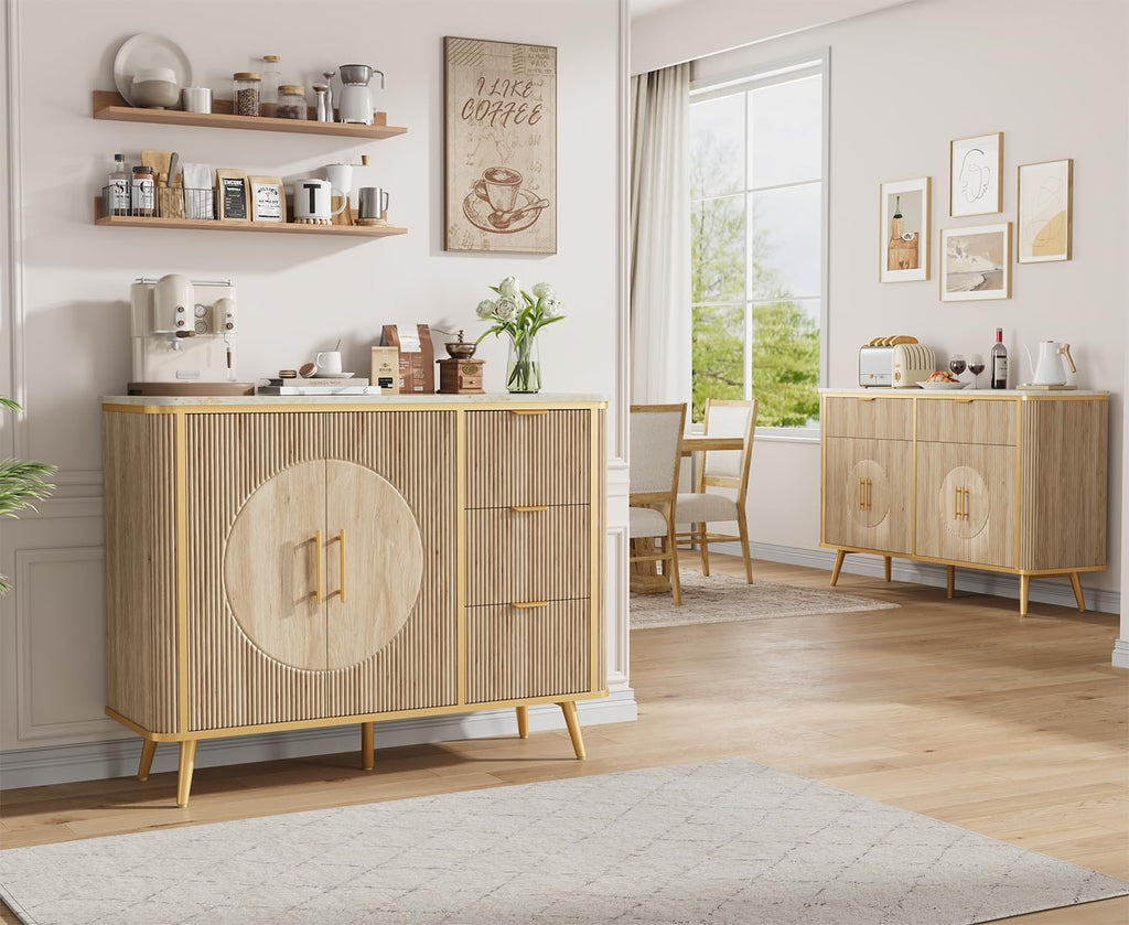 47.3" Modern Buffet Cabinet with Storage, Kitchen Sideboard Buffet with 2 Door & 3 Drawers, Fluted Caffee Bar Storage Cabinet for Dining Room, Living Room, Entryway, Natural Oak