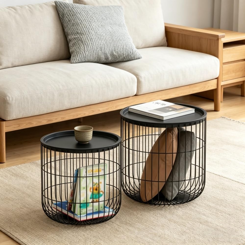 Metal Wire Basket Side Tables, Black, Set of 2, Nesting Design with Storage, Powder-Coated Steel, No Assembly Required