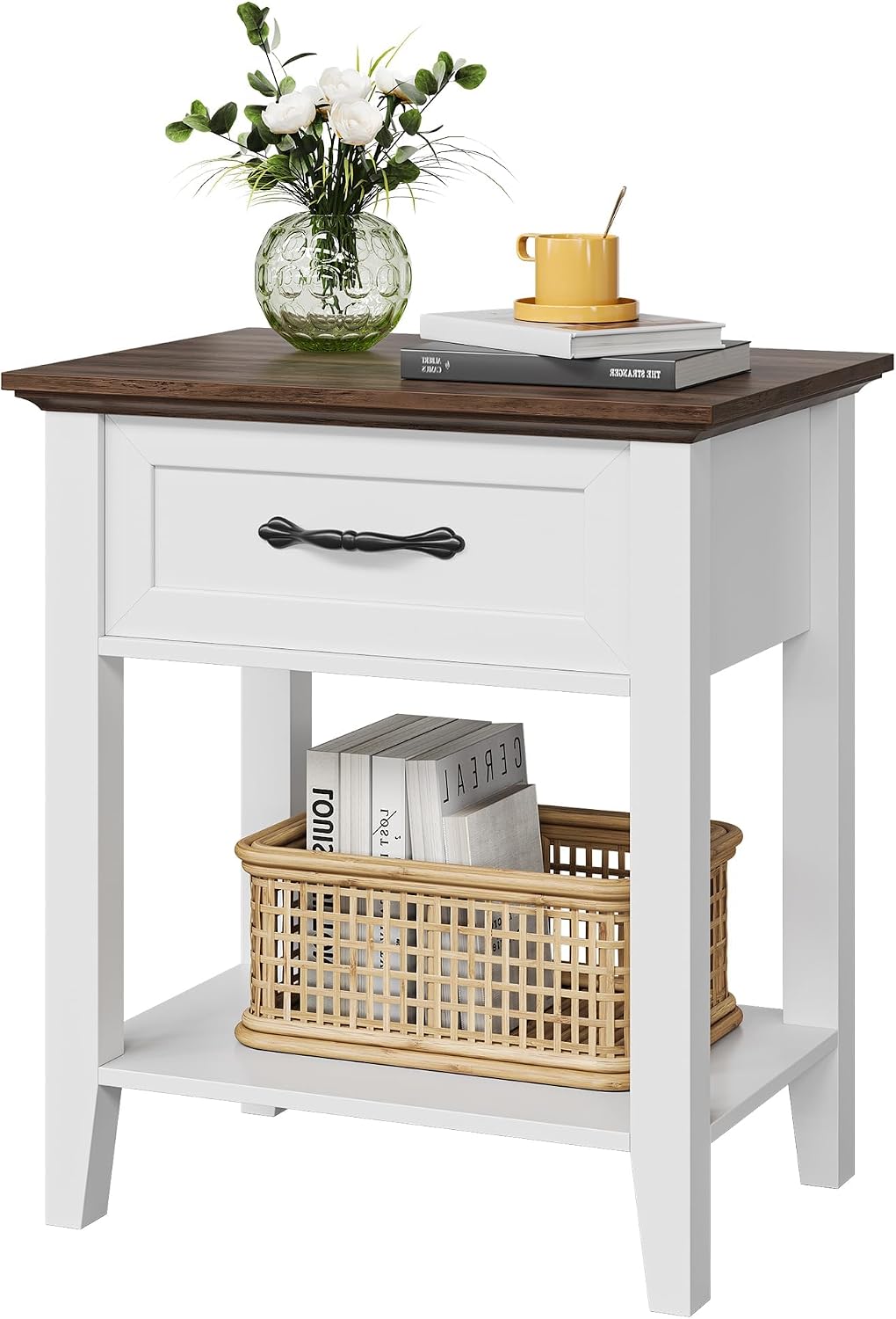 Modern Nightstand Set of 2 with Drawer, 2-Tier End Table with Storage Shelf, Bedside Table for Bedroom, Living Room, Dorm, Small Spaces(2pcs-White)
