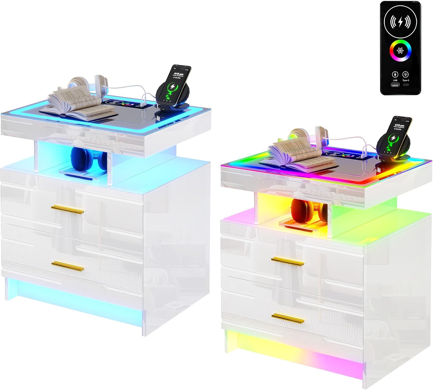 HNEBC Night Stand Set 2 with Wireless Charging Station& Remote Lights,White | LED Nightstand with Tempered Glass Top, RGB Dynamic motion sensor Lighting, Higt-Gloss, 2 Drawers for Bedroom,Living Room