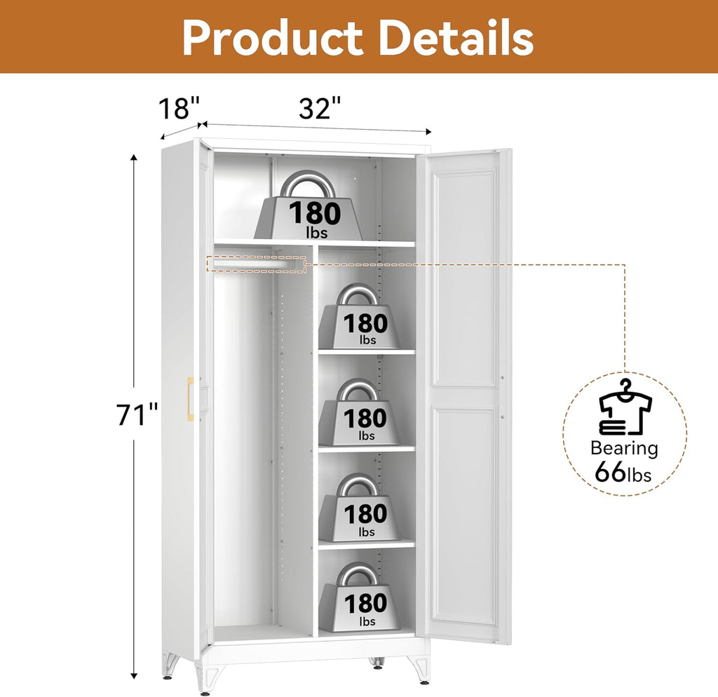 Polup Metal Armoire Wardrobe Closet, 71" Tall White Wardrobe Cabinet with 2 Doors, Hanging Rod and Adjustable Shelves, Steel Clothing Storage Cabinet for Bedroom, Home, Employee, Gym, Office