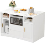 Kitchen Island with Storage, Island Table for Kitchen with Power Outlet & LED Light, Rolling Buffet Cabinet with Fluted Sliding Door, 2 Drawers, Large Countertop, White
