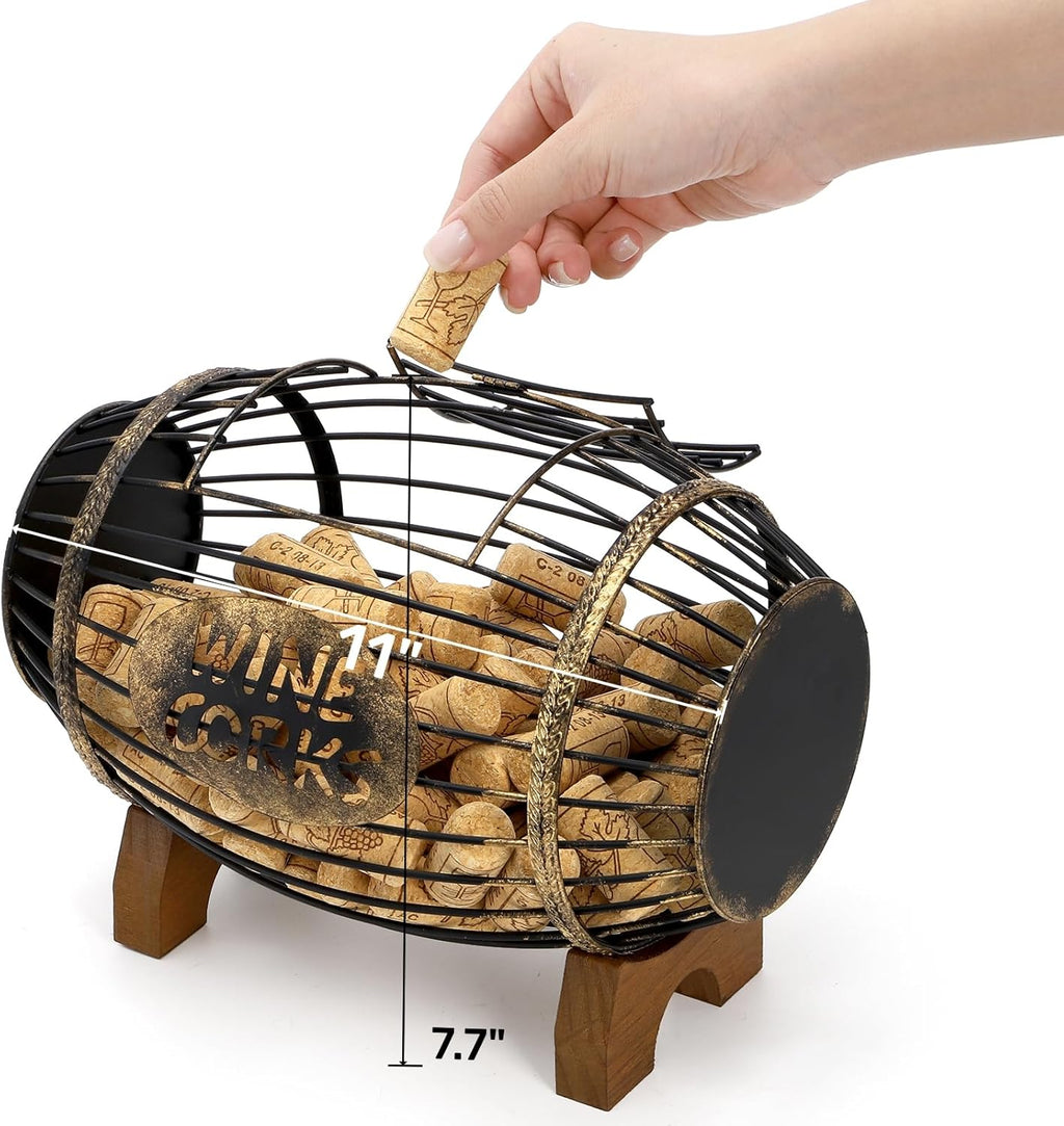 ZOOFOX Wine Cork Holder with Wood Stand, Rustic Metal Cork Container for Display and Storage, Decorative Vino Cork Barrel for Kitchen, Great Gift Idea for Wine Lover, No Assembly Required