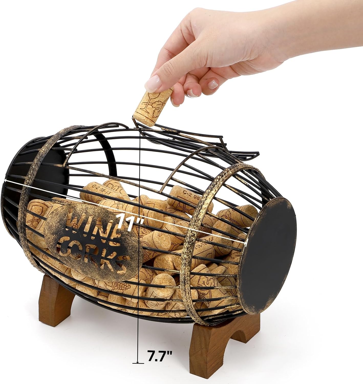 ZOOFOX Wine Cork Holder with Wood Stand, Rustic Metal Cork Container for Display and Storage, Decorative Vino Cork Barrel for Kitchen, Great Gift Idea for Wine Lover, No Assembly Required