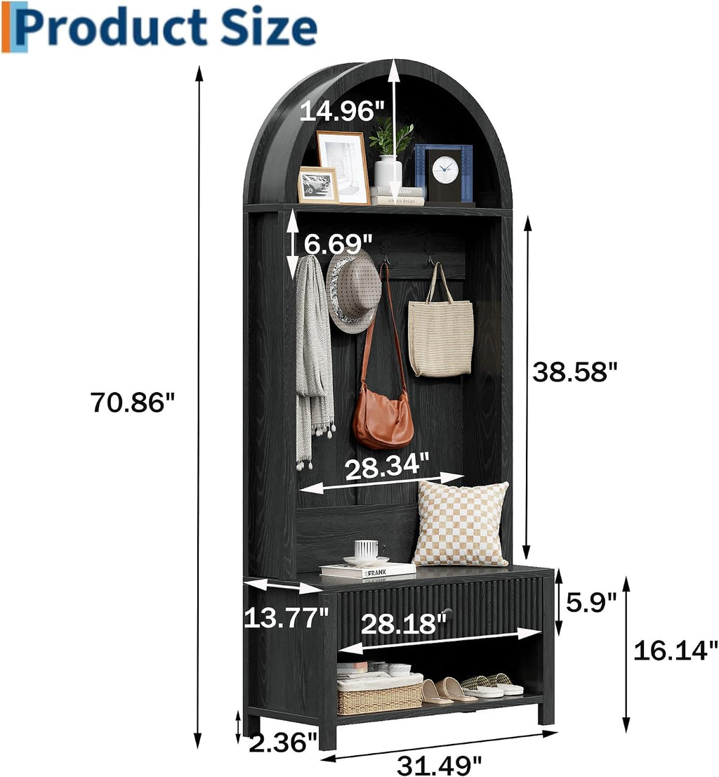 70.86-inch Entryway Hall Tree, Farmhouse-Style Wooden Coat Rack Freestanding, Entryway Organizer with Four Hooks, Standing Shoe Rack with Bench for Hallways, Foyers, and Living Rooms, Black