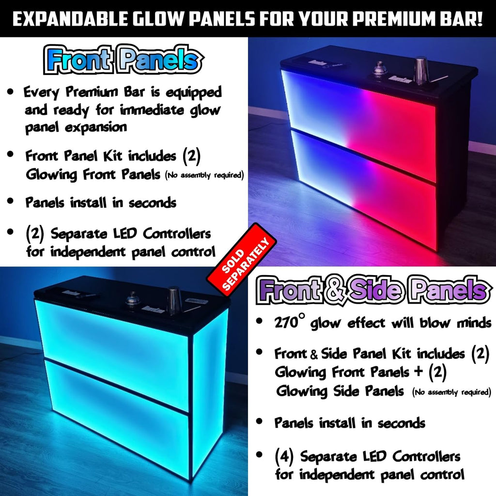 PartyLife Custom Premium Portable Bar Table w/LED Lights, Wireless Remote, Folding Legs, Black Fabric Bar Skirt, 2 Storage Shelves & 2 Carrying Bags | Commercial Grade | Strong & Sturdy