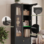 Cyclysio 80" Tall Pantry Cabinet for Kitchen Storage, Black Pantry Cabinet with Glass Doors & 3 Drawers - Freestanding Storage Bookcase with Built-in Baseboard Notch for Dining, Living Room