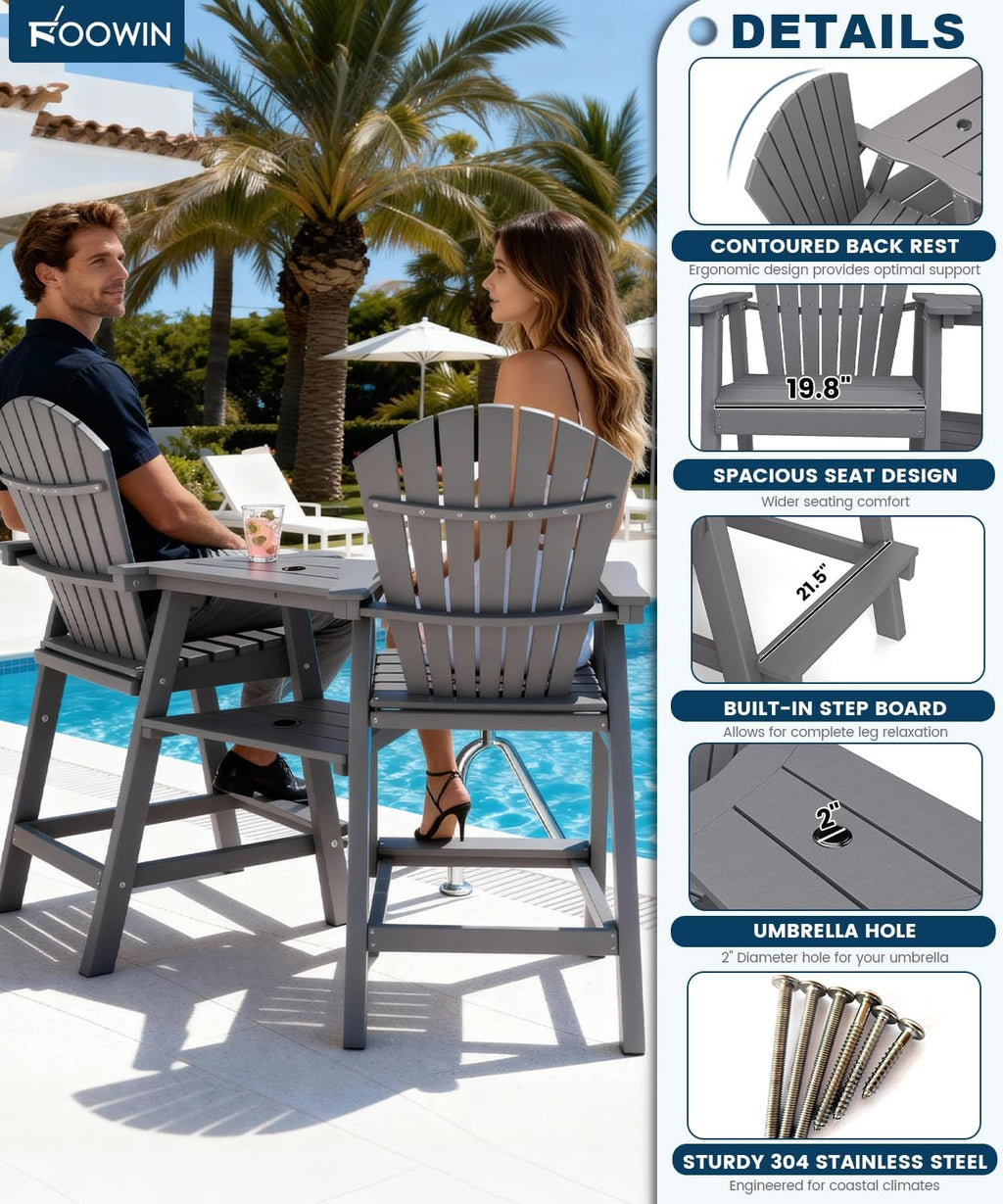 FOOWIN Tall Adirondack Chair Set of 2, All Weather HDPE Bar Height Adirondack Chair with Double Connecting Trays, Adirondack Barstools for Balcony, Deck, Backyard, Patio, Garden Grey
