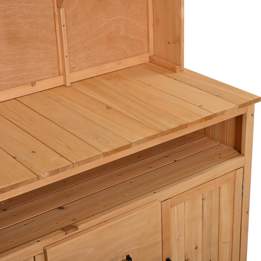Merax 45.3" Large Outdoor Fir Wood Potting Bench with Storage, Multi-Functional Patio Kitchen Island, 6-Shelf Hutch+2 Cabinets+2 Drawers+3 Hooks, Garden Workstation for Planting, Gardening, Natural