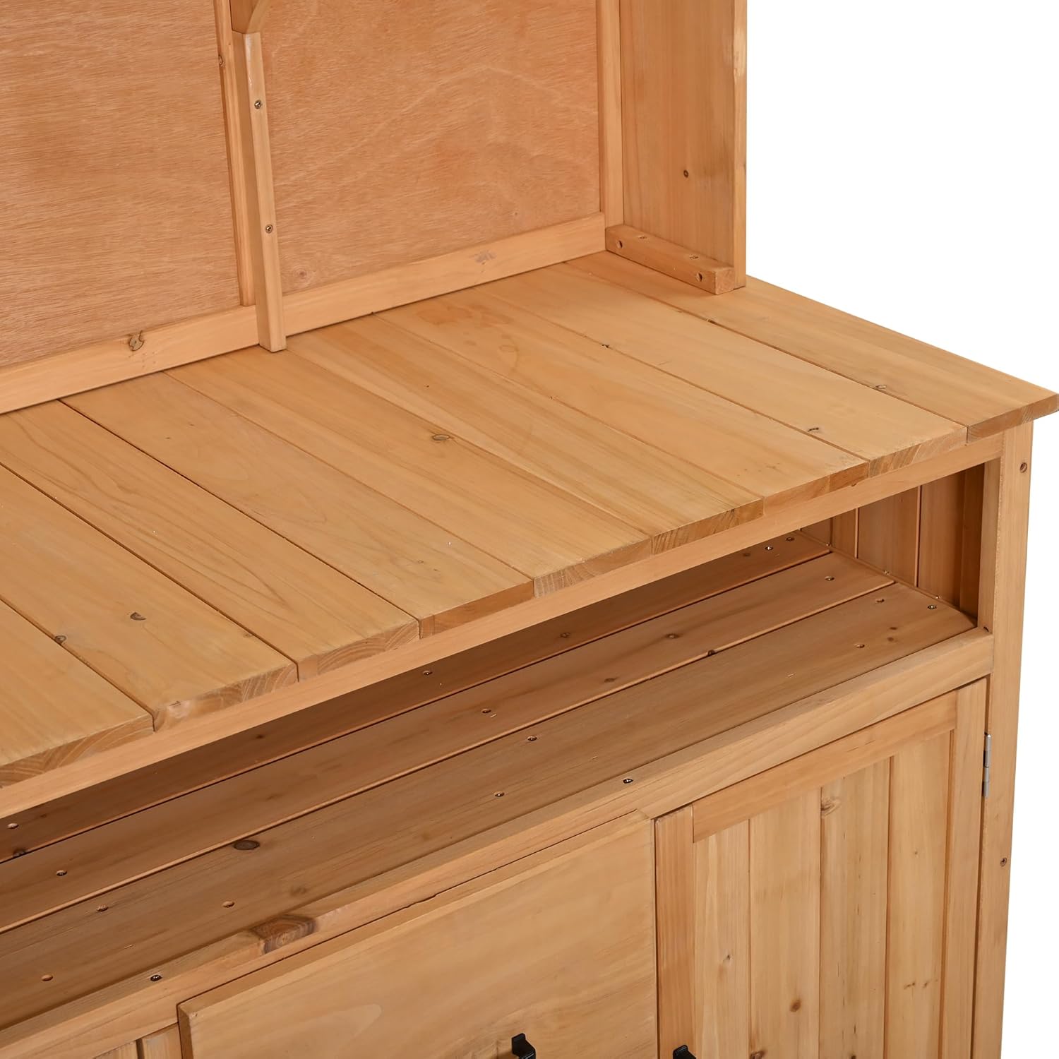 Merax 45.3" Large Outdoor Fir Wood Potting Bench with Storage, Multi-Functional Patio Kitchen Island, 6-Shelf Hutch+2 Cabinets+2 Drawers+3 Hooks, Garden Workstation for Planting, Gardening, Natural