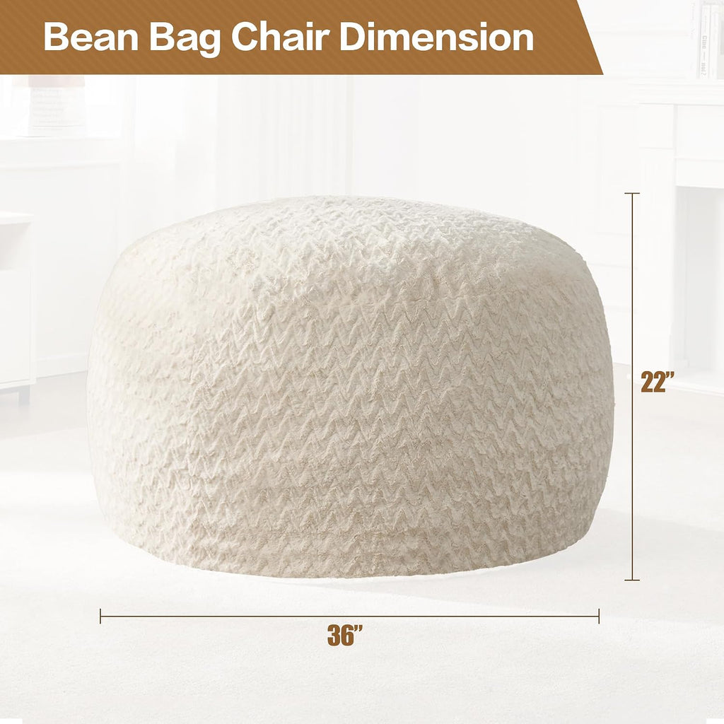 Hobestluk 3ft Bean Bag Chairs for Adults Large Beanbag Chair with Chevron Plush Fur Cover Big Bean Bag Chair for Living Room Bedroom Dorm Office - White (36” x 36” x 22”)