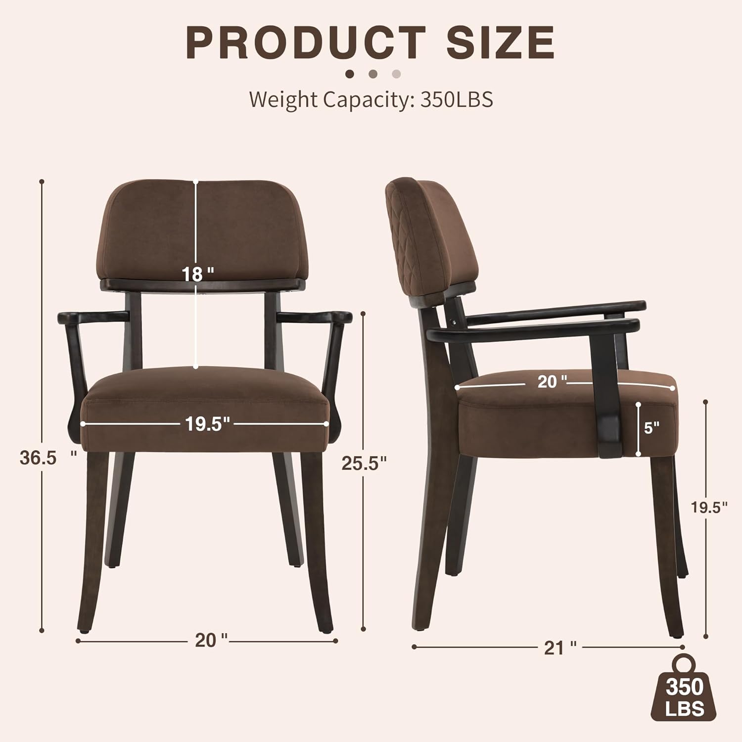 adochr Modern Wood Dining Chairs with Arms, Velvet Upholstered Kitchen Chairs with Open Curved Backrest & Hardwood Legs, Accent Chairs 350 LBS Capacity, Brown