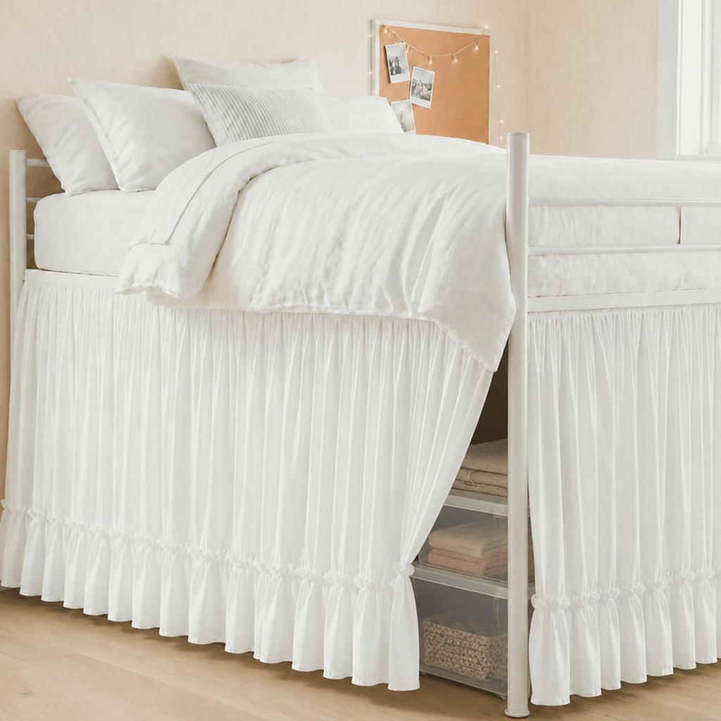 Breling White Ruffled Dorm Bed Skirt Twin XL 36 Inch Long Bed Skirt Dorm Solid Silky Fabric Machine Washable Split Corner Extra Long Wrap Around Elastic for Beds Room Bedding Decor