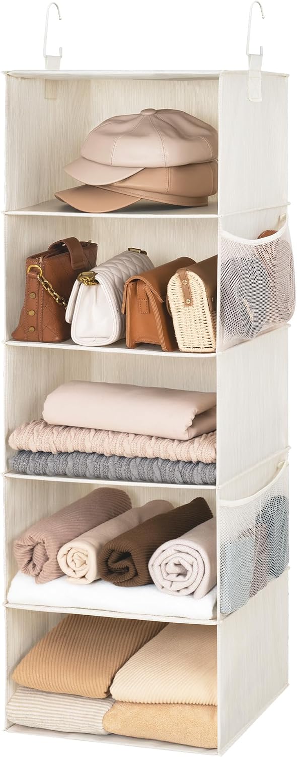 StorageWorks Hanging Closet Organizer, 5-Shelf Hanging Shelves with 2 Hooks, Foldable Space-Saving Design, Closet Organizers and Storage for Bedroom, Dorm, Locker, White & Ivory