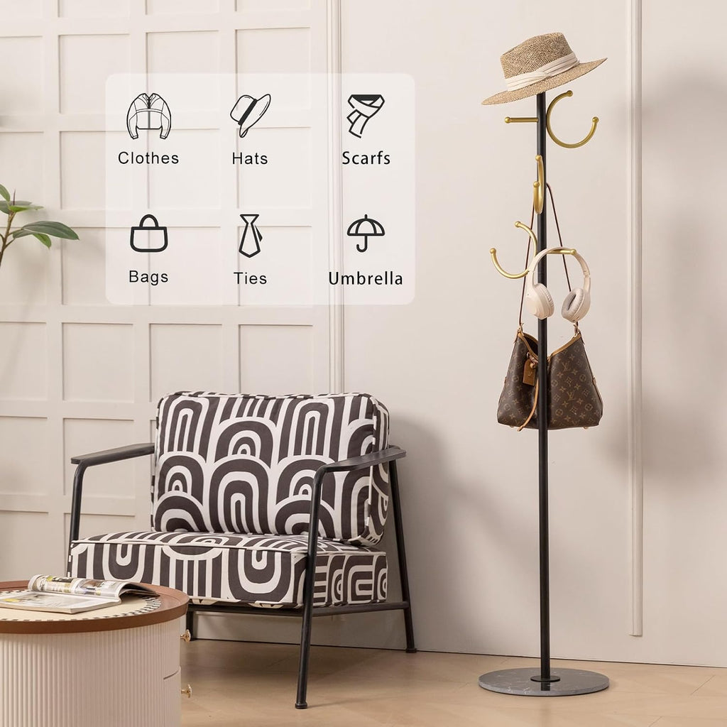 JIAYUEJU Coat Rack Freestanding Corner Coat Tree Hat Rack Stand with Heavy duty Marble Base & 6 Hooks for Entryway, Hallway, Living Room, Bedroom, Hotel, Office 14.57”x 14.57”x 66.93”