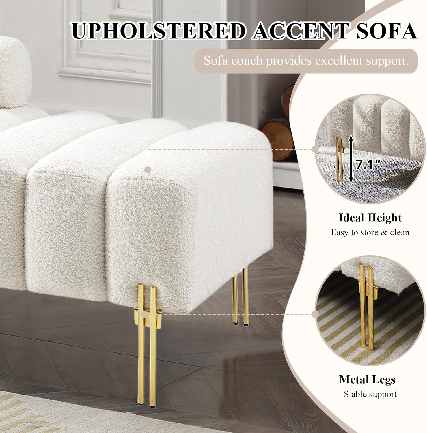 53.2" Width Ottoman Bench, Teddy Upholstered Accent Sofa with Metal Legs, Comfy Love Seat Couches with Adjustable Backrest, End of Bed Bench for Bedroom, Entryway (Beige-Teddy)