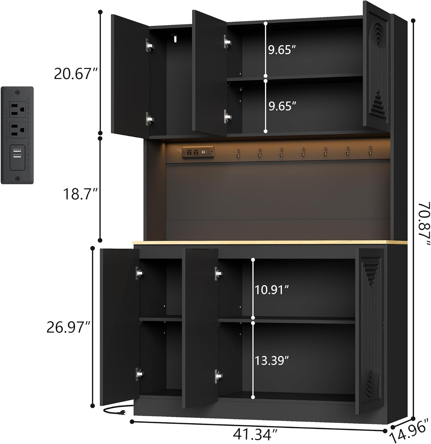 71" Black Kitchen Pantry with Power Outlet & LED Light, Large Kitchen Hutch Cabinet with Adjustable Shelf, Modern Buffet Cabinet with 6 Doors, Food Pantry Storage for Dining Room (Black 6 Doors)