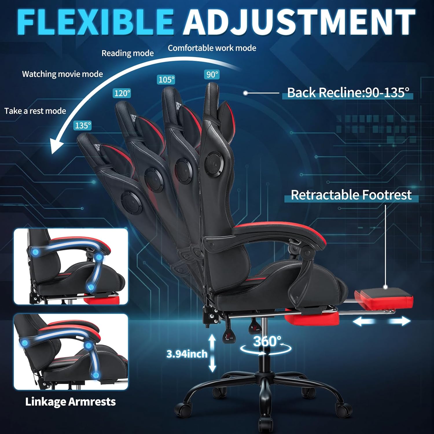 Gaming Chair with Speakers and LED Lights Ergonomic Computer Chair with Massage and Footrest Reclining Video Game Chair for Adults with Adjustable Lumbar Support Red and Black