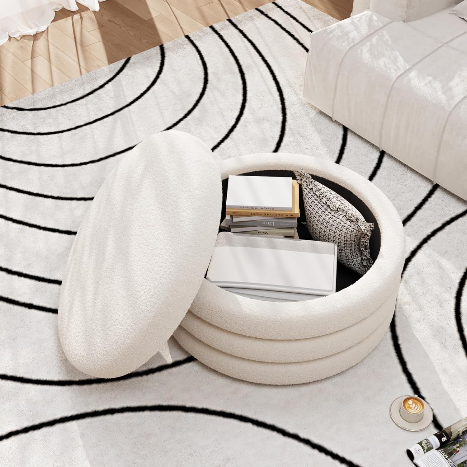 FiveWillowise 30 Inch Round Ottoman with Storage,Large Sherpa Storage Coffee Table Ottoman with Tray, Multi-Functional Cozy Modern Foot Rest for Couch, Living Room, Bedroom,Cream White