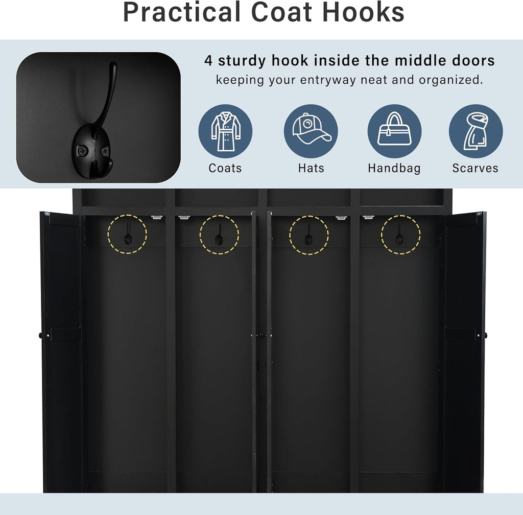 RuiSiSi 76.7" Hall Tree with Bench and Shoe Storage, Farmhouse 4-in-1 Entryway Bench Coat Rack with Doors, 4 Hooks and Top Shelves for Entrance, Hallway, Mudroom, Black