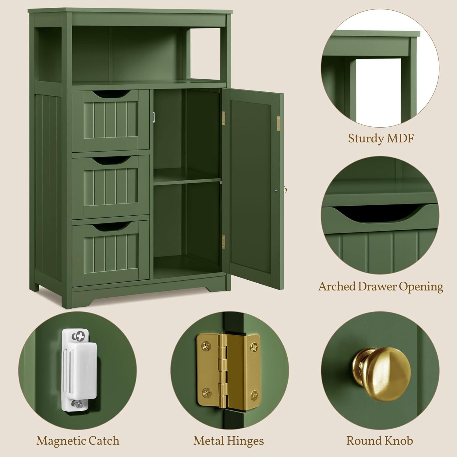Yaheetech Bathroom Storage Cabinet, Storage Organizer with 1 Door and 3 Drawers, Adjustable Shelf, Free-Standing Floor Cabinet Cupboard for Kitchen/Living Room/Bathroom, Green