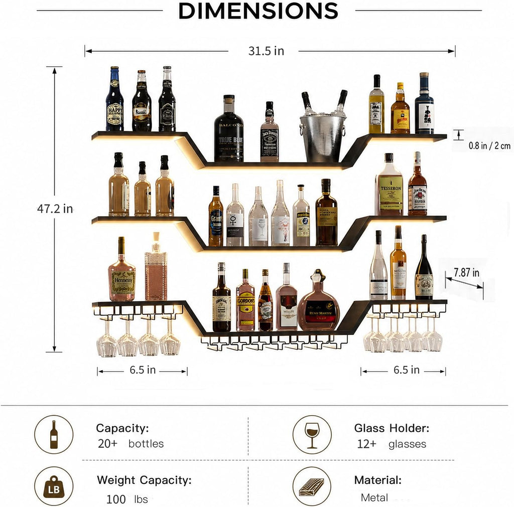 Wall Mounted Wine Rack with LED Lights, 3-Tier Floating Bar Shelves, Hanging Liquor & Wine Glass Rack for Home Bar, Cafe, Dining Room Decor (Black,31.5" W)