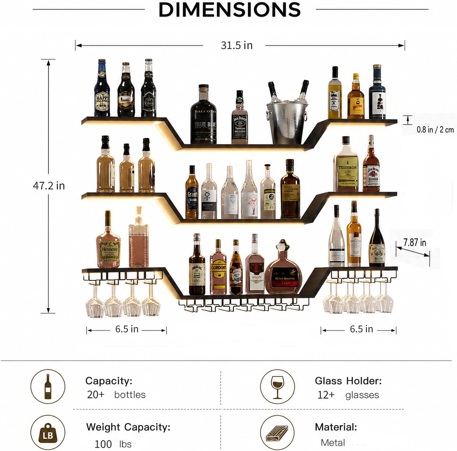 Wall Mounted Wine Rack with LED Lights, 3-Tier Floating Bar Shelves, Hanging Liquor & Wine Glass Rack for Home Bar, Cafe, Dining Room Decor (Black,31.5" W)