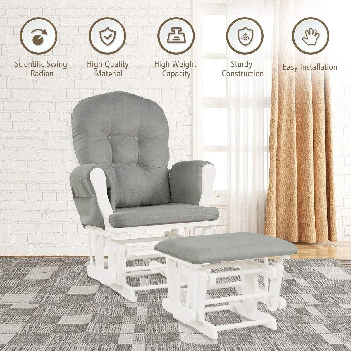 Nursery Rocking Chairs Nursery Glider Rocking Chair Wood Baby Rocker with Ottoman Cushion Upholstered Nursing Chair with Padded Arms (Light Gray)
