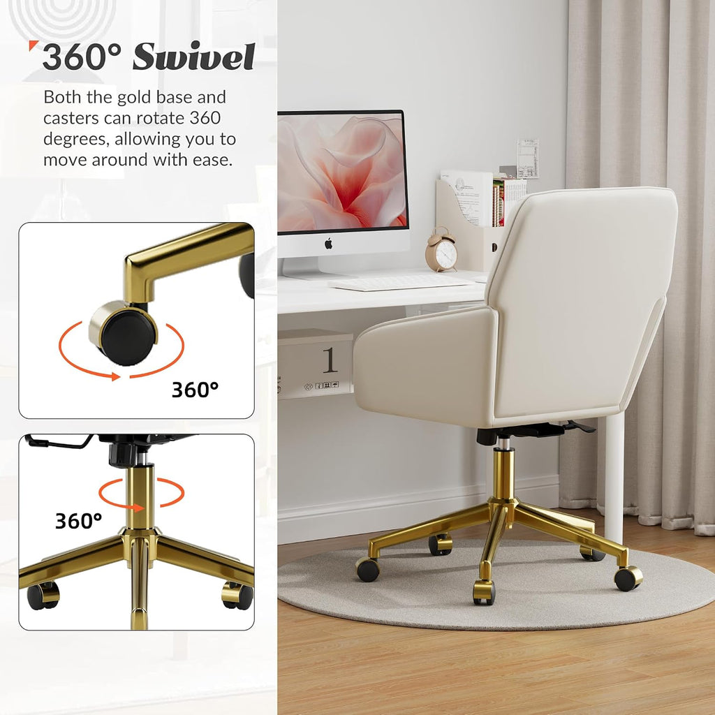 YISHENG Velvet Home Office Chair with Gold Base Upholstered Tufted Modern Height Adjustable 360 Degree Swivel Desk Chair with Wheels, Vanity Chairs for Living Room, Bedroom,Study Room (Cream)