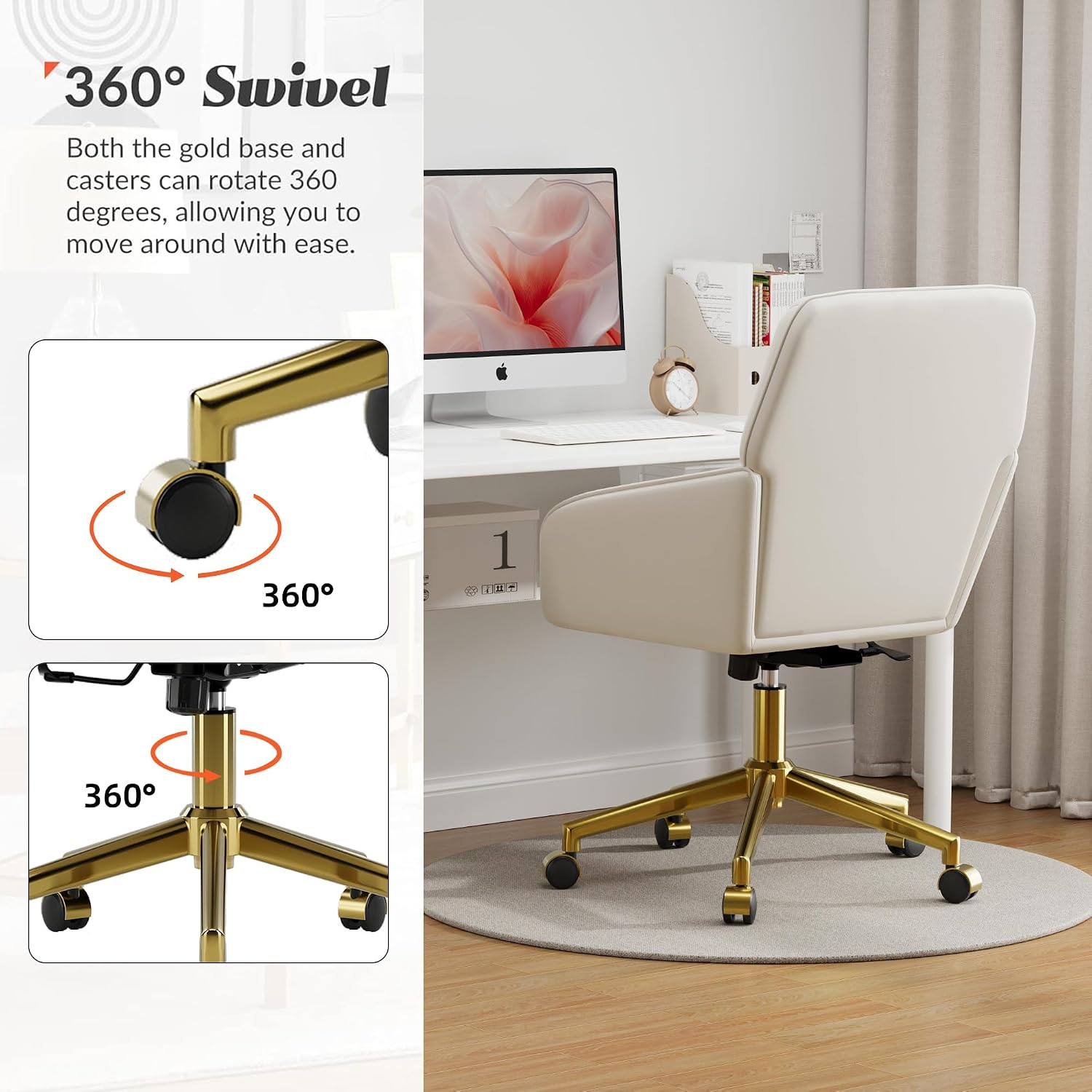 YISHENG Velvet Home Office Chair with Gold Base Upholstered Tufted Modern Height Adjustable 360 Degree Swivel Desk Chair with Wheels, Vanity Chairs for Living Room, Bedroom,Study Room (Cream)
