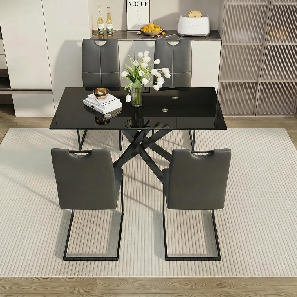 51.18" W Glass Dining Table Set for 4, Modern Rectangular Glass Kitchen Table with Black Table-top, 4 PU Leather Chairs with Black Legs, for Dining Room, Home - Dark Grey