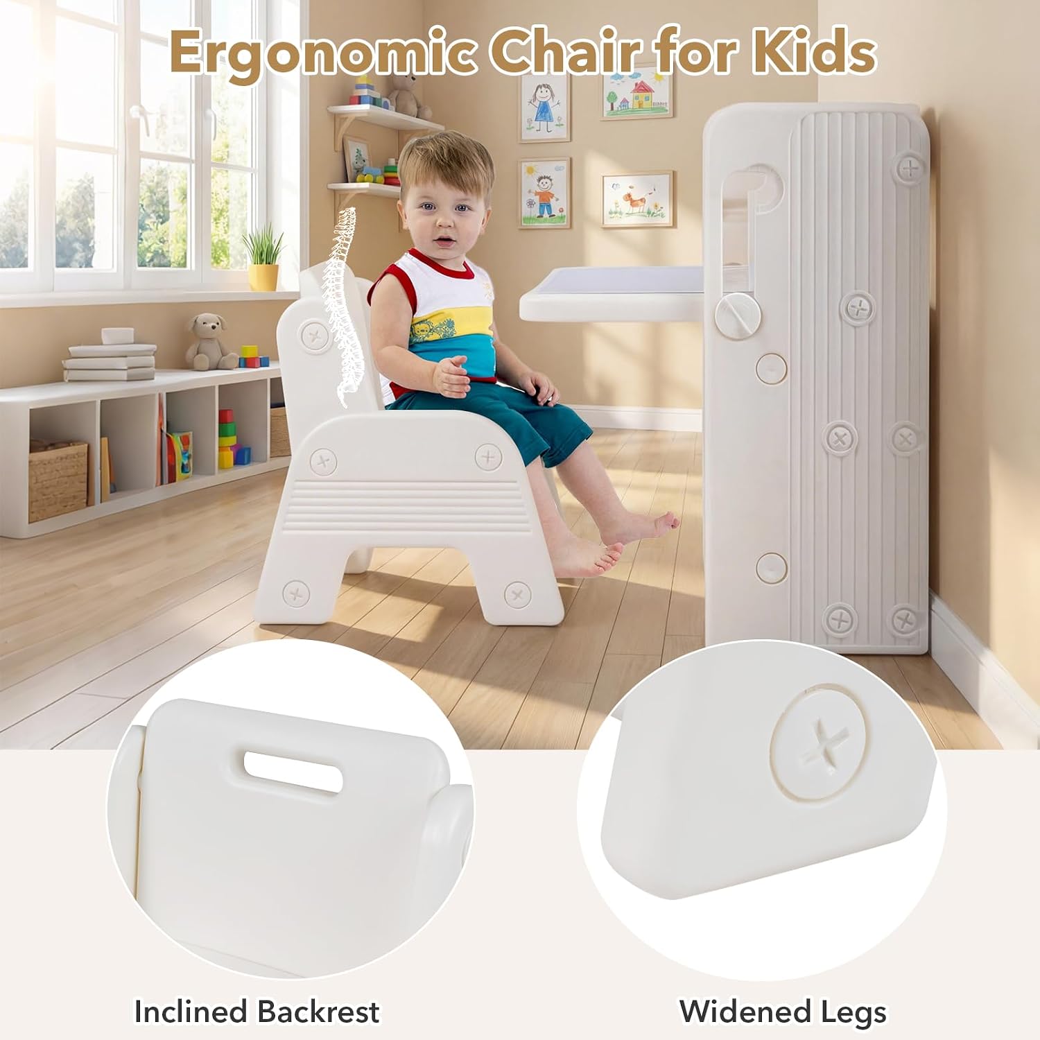 Costzon Toddler Table and Chair Set, Art Desk Set w/Side Bookshelves, Storage Boxes, Whiteboard & Tiltable Desktop, Kids Table and Chair for Writing, Painting, Reading