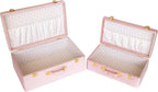 HofferRuffer Velvet Storage Trunks with Wood Frame, Set of 2 Storage Chests with Handles, Bedroom Organizer Nesting Upholstered Decorative Boxes Hinged Lid with Gold Hardware Accents (Pink Trunks)