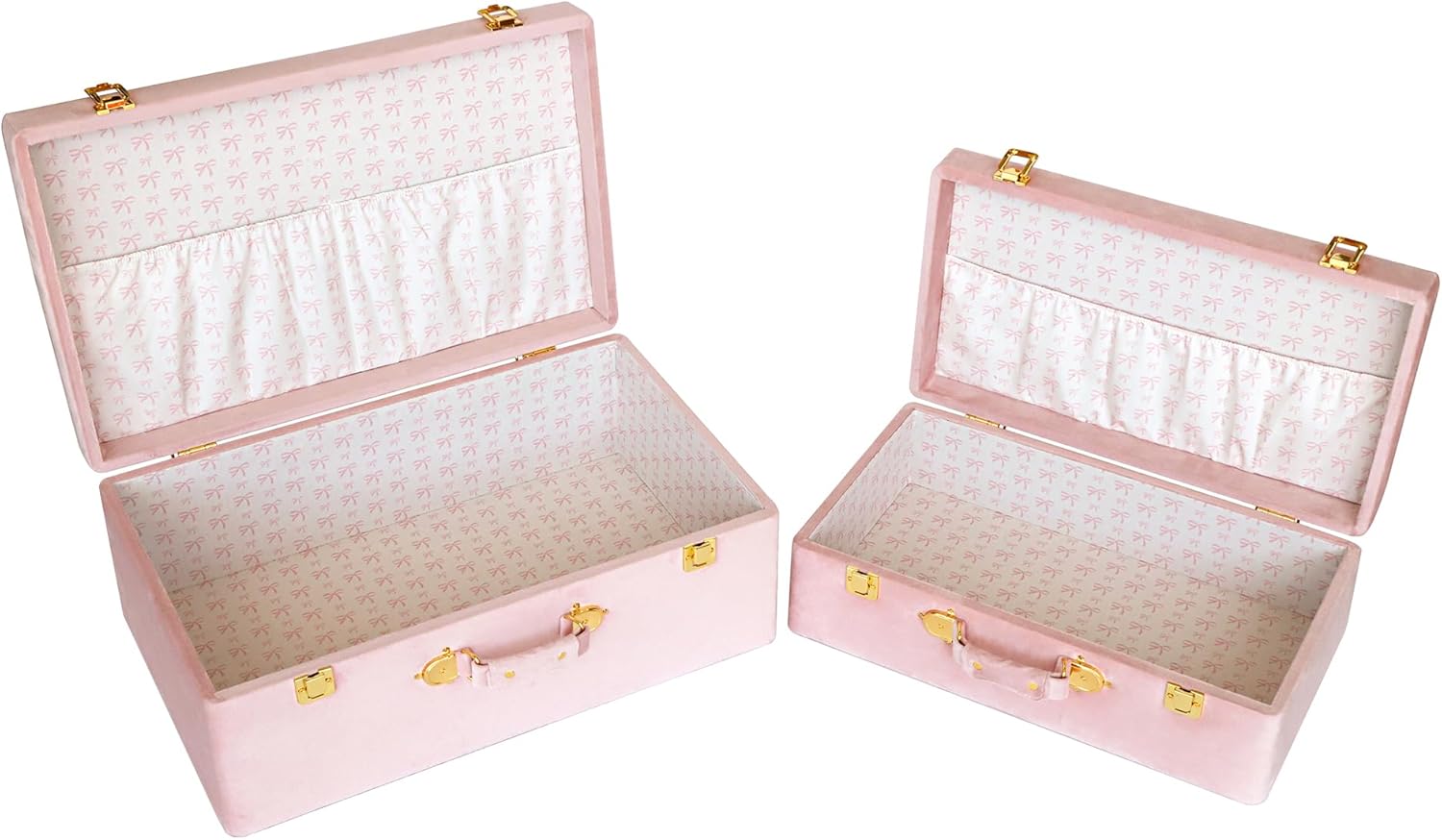 HofferRuffer Velvet Storage Trunks with Wood Frame, Set of 2 Storage Chests with Handles, Bedroom Organizer Nesting Upholstered Decorative Boxes Hinged Lid with Gold Hardware Accents (Pink Trunks)