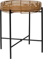 JONATHAN Y Malia 23" Round Faux Rattan Tray Top End Table, Bohemian Woven Accent Side Table with Black Metal Cross Base, Nightstand for Living Room and Bedroom, Brown and Black TBL2509B