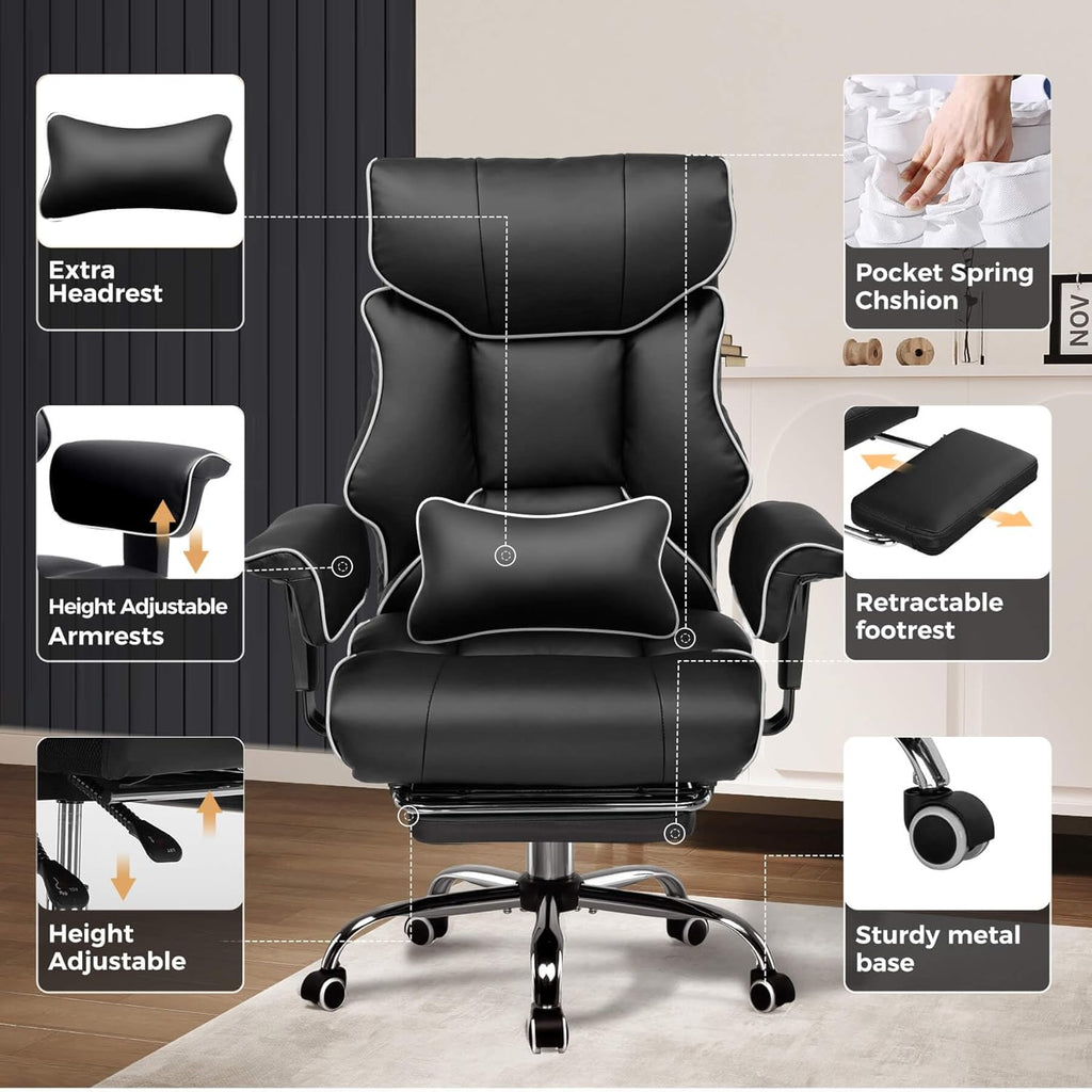 GTPLAYER Big and Tall Gaming Chair 400lbs Heavy Duty Office Chair with Foot Rest & Ergonomic Pocket Spring Cushion, High Back Lumbar Support for Lower Back Pain Relief, White/Black