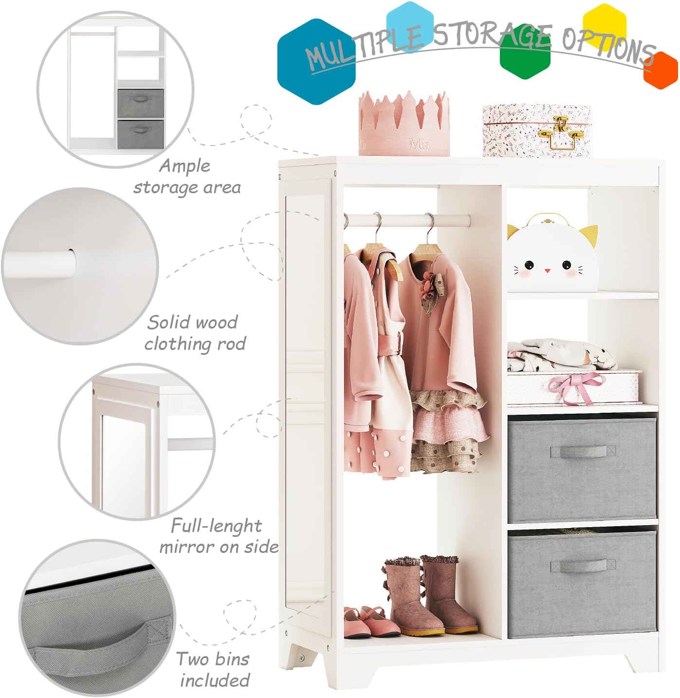 UTEX Kids Dress Up Storage with 2 Storage Bins and Full Length Mirror | Kids Armoire, Opening Hanging Kids Closet Wardrobe, Water-based Paint