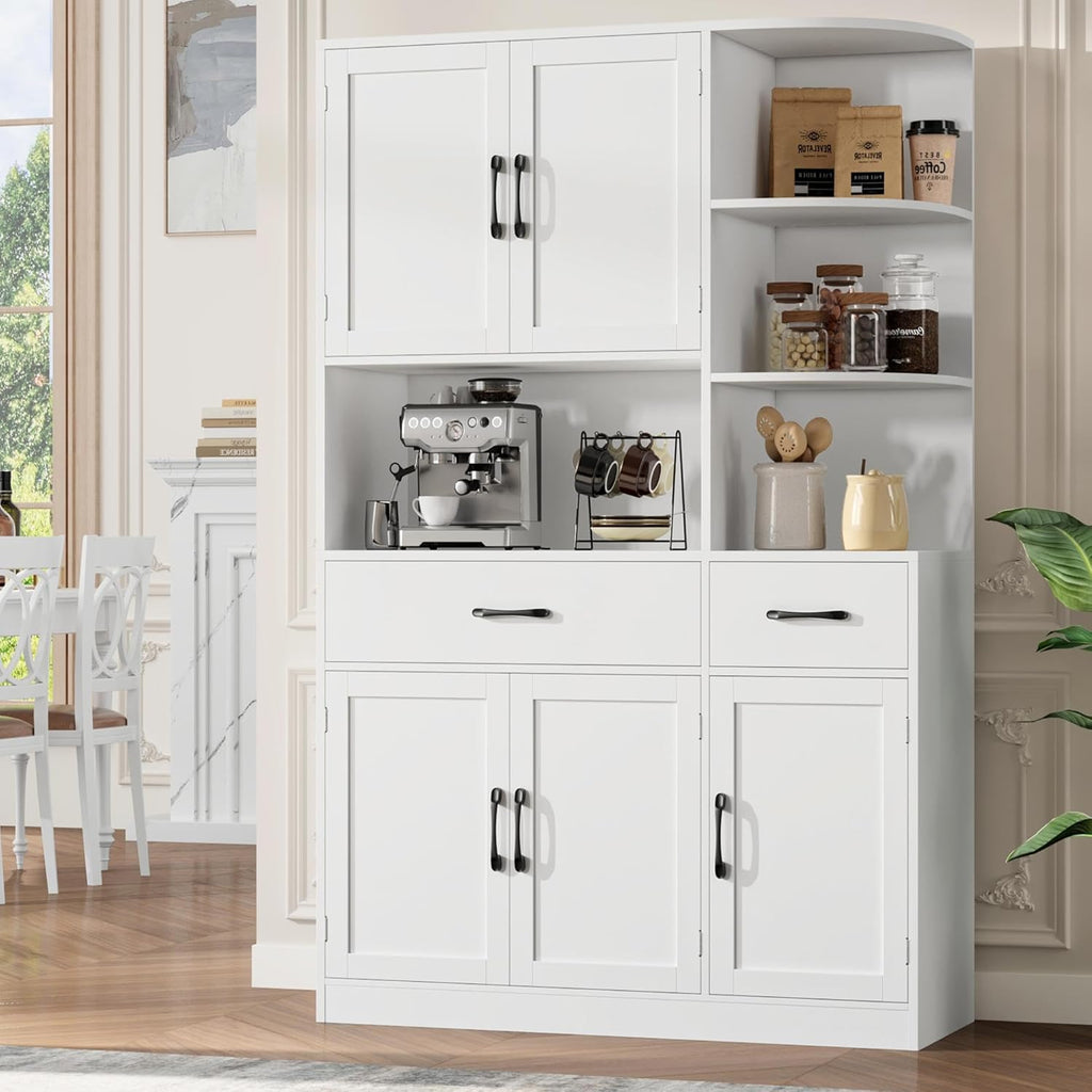 BOTLOG 67" Kitchen Pantry Cabinet, Modern Kitchen Hutch with 5 Doors and 2 Drawers, 3-Tier External Shelf, Large Pantry Storage Cabinet with Microwave Stand for Dining Room (White)