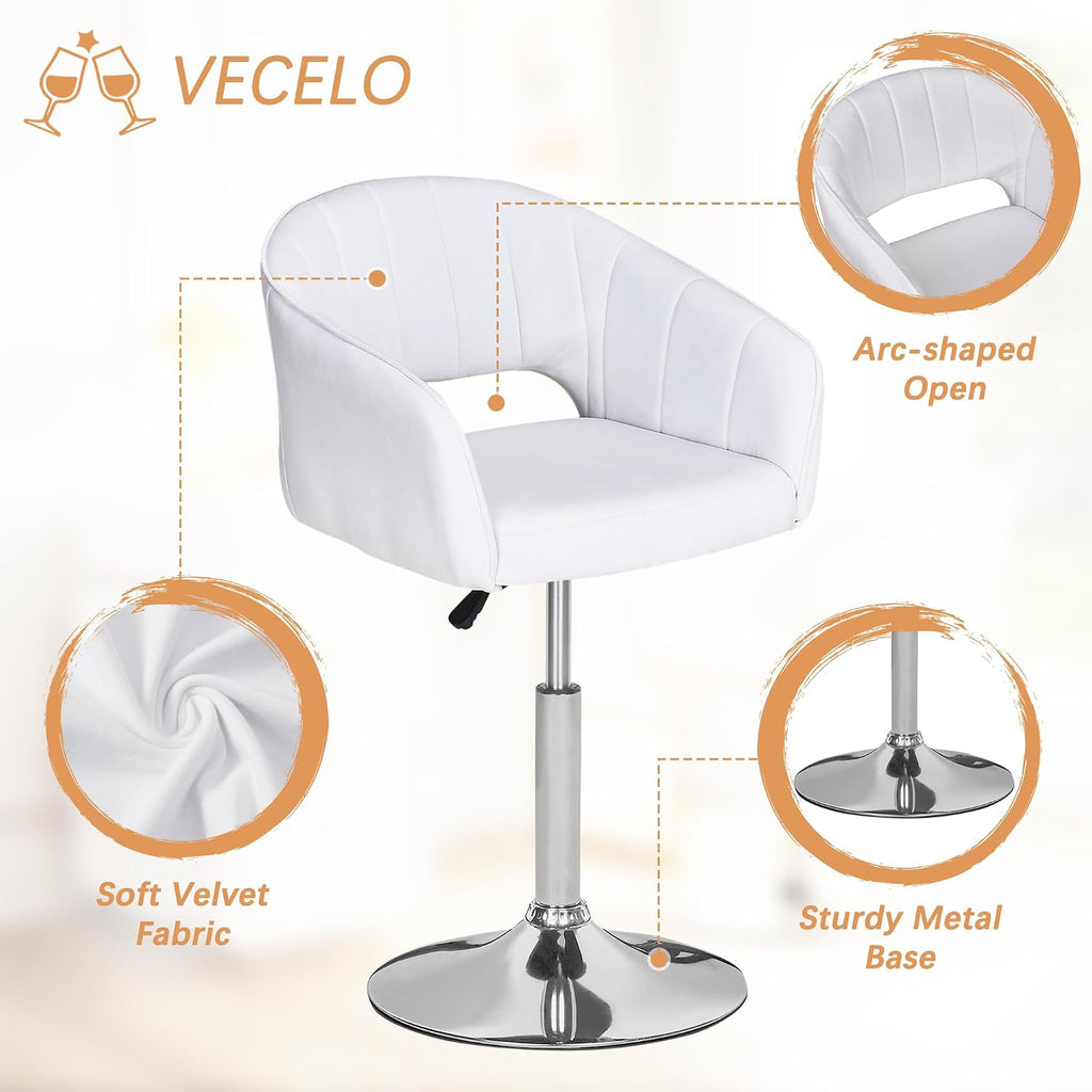 VECELO Large Wide Velvet Accent Chair, Adjustable Luxury Vanity & Dining Chair with Gold Barstool Base, 360°Swivel Upholstered Armchair for Living Room, Bedroom, Home Office, Pearl White