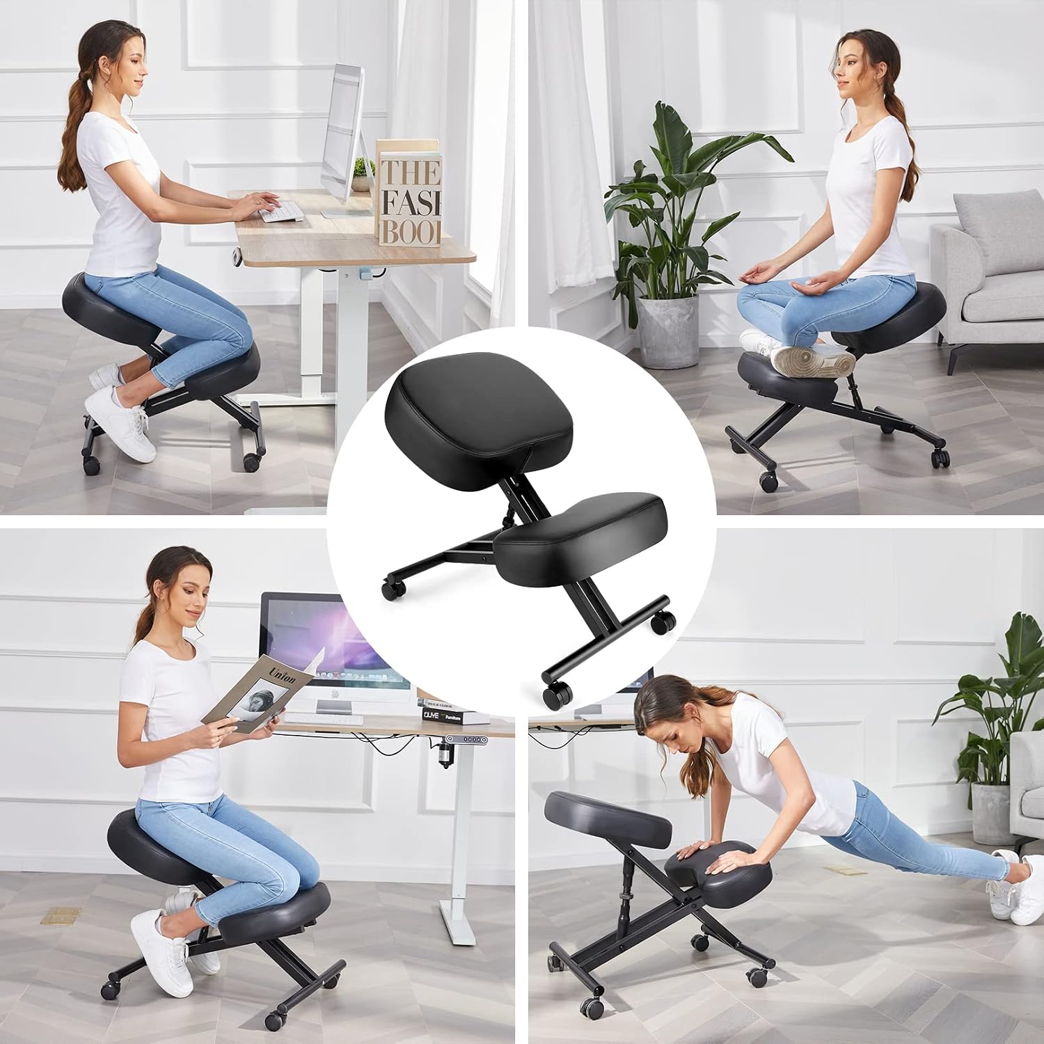 Ergonomic Kneeling Chair, Height Adjustable Office Chair with an Angled Seat and Casters for Home, Meditation Chair