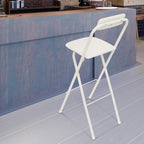 Folding Bar Stool with Backrest, 29 Inch Leather Padded Counter Height Foldable Stool Portable Tall Foldable Chair 275LBS for Gardening Outdoor Kitchen Camping Shop Cafe (White, 1 Pack)