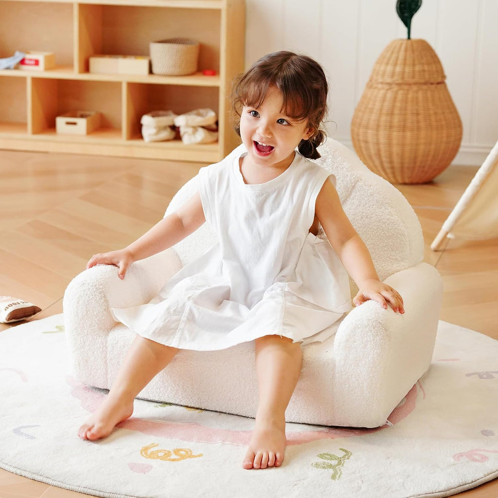 ROBUD Toddler Chair, Comfy Kids Sofa with Teddy Fleece, High Resilience Sponge, and Hidden Storage Pocket, Toddler Couch with Princess Style Design, Kids Couch for Boys and Girls, White