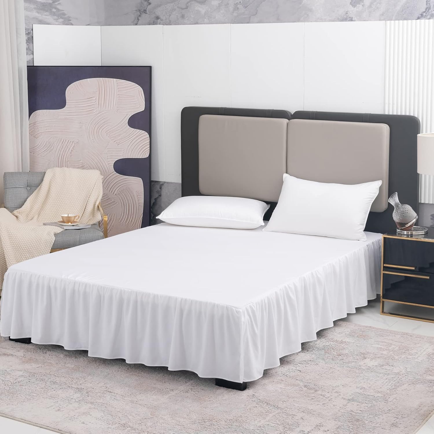 TSUTOMI Bed Skirt Queen Size Ruffled Bed Skirt with Split Corners, 14 Inch Drop Dust Ruffle Bed Skirts with Platform, Gathered Style, 100% Microfiber, White