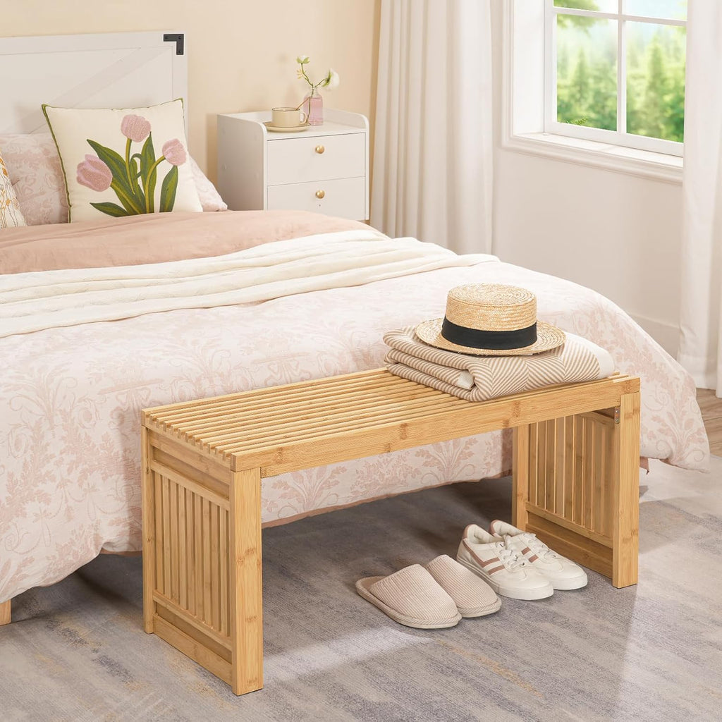 HOOBRO Bamboo Dining Bench, 35 inch Farmhouse Kitchen Table Bench, Solid Bamboo Dining Room Bench for Kitchen, Living Room, Hallway, Bedroom, Natural YL16CD01