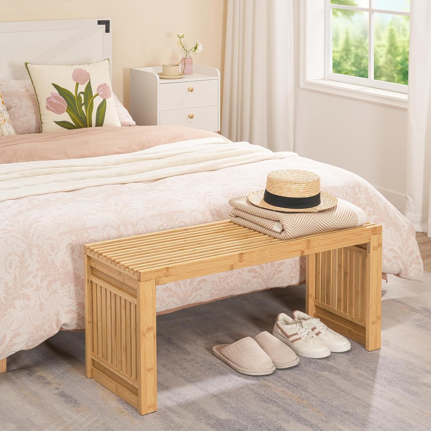 HOOBRO Bamboo Dining Bench, 35 inch Farmhouse Kitchen Table Bench, Solid Bamboo Dining Room Bench for Kitchen, Living Room, Hallway, Bedroom, Natural YL16CD01