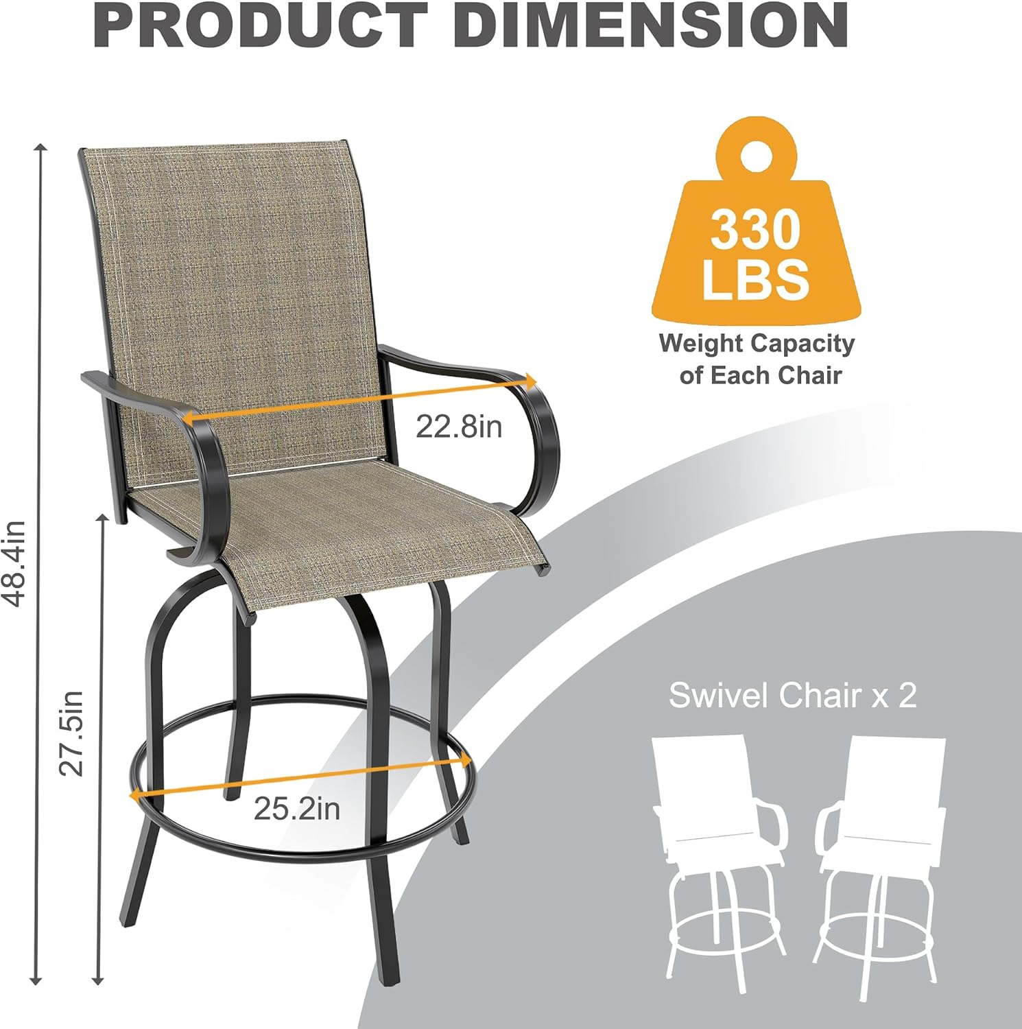 Outdoor Swivel Bar Stools Set of 2, Bar Height Patio Chairs with High Back & Armrest, All-Weather Textilene Fabric 360° Swivel Tall Barstools for Patio, Deck, Backyard, Garden