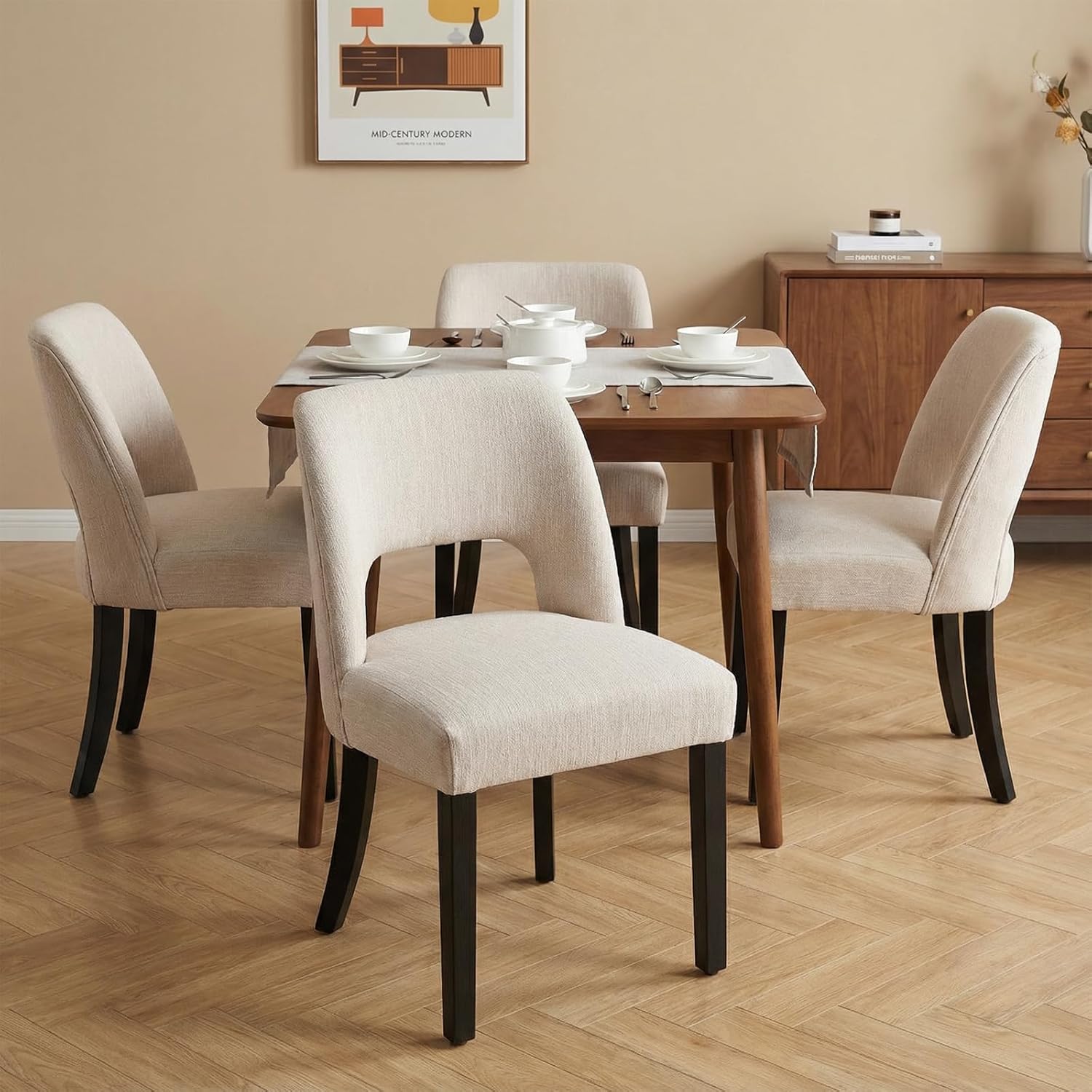 keoni Wooden Dining Chairs Set of 4, Mid Century Modern Upholstered Dining Room Chairs with Black Wood Legs, Fabric Farmhouse Kitchen Chairs with Foot Pegs for Dining Room, Beige
